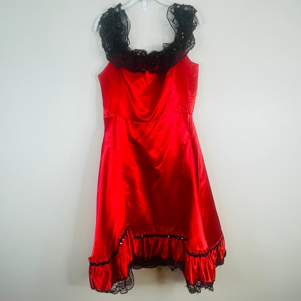 Vampy Lace Trim Satin Dress Large Red Gothic Witchy Costume Party Halloween